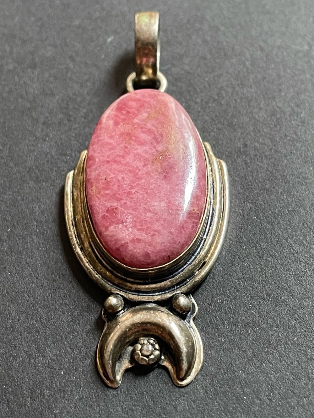 Vintage Sterling Silver .925 Rhodonite Crescent Moon Pendant